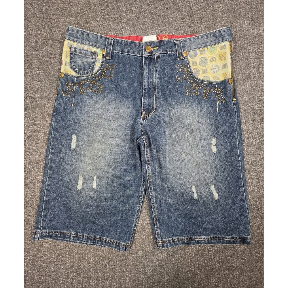 Vintage Crown Holder Shorts Mens Sz 42 Blue Baggy Embroidered Y2K Denim Zip Fly